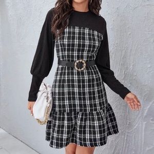 Ruffle Hem Plaid Tweed Dress (Without Belt)